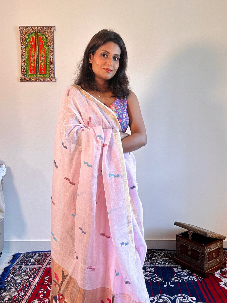 Handwoven Pure linen saree with paithni pallu - Rupacj Designs - Luxury Sustainable Indian womenswear | Artisan made | Slow Fashion- Occasion wear| Handcrafted In India