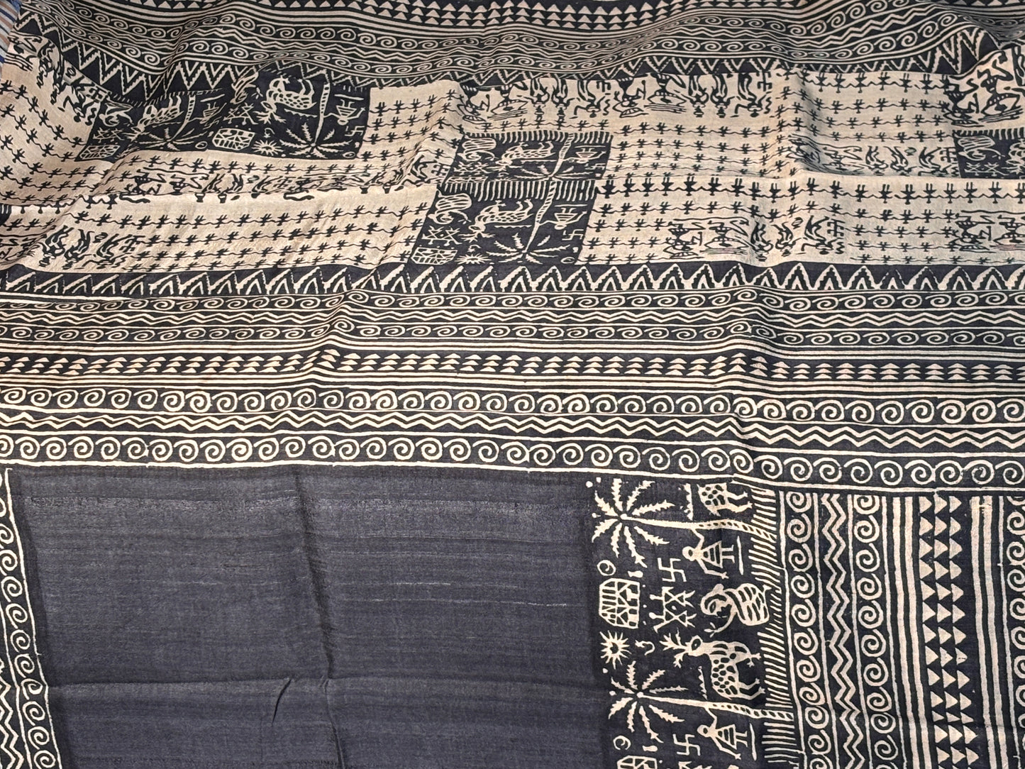 Black Beauty Pure Tussar silk Hand block printed
