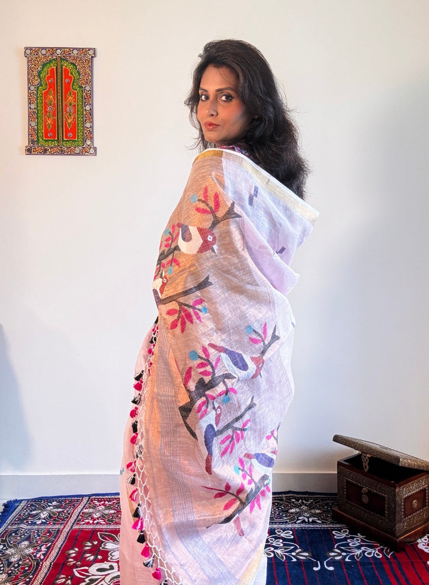 Handwoven Pure linen saree with paithni pallu