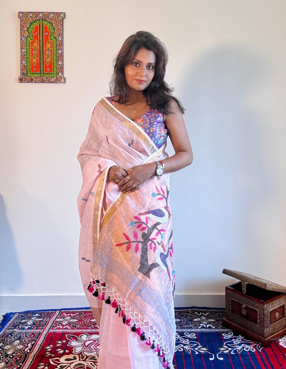 Handwoven Pure linen saree with paithni pallu