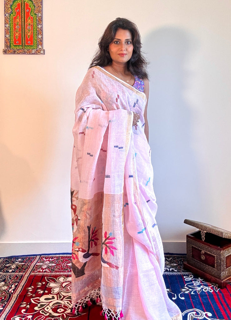 Handwoven Pure linen saree with paithni pallu