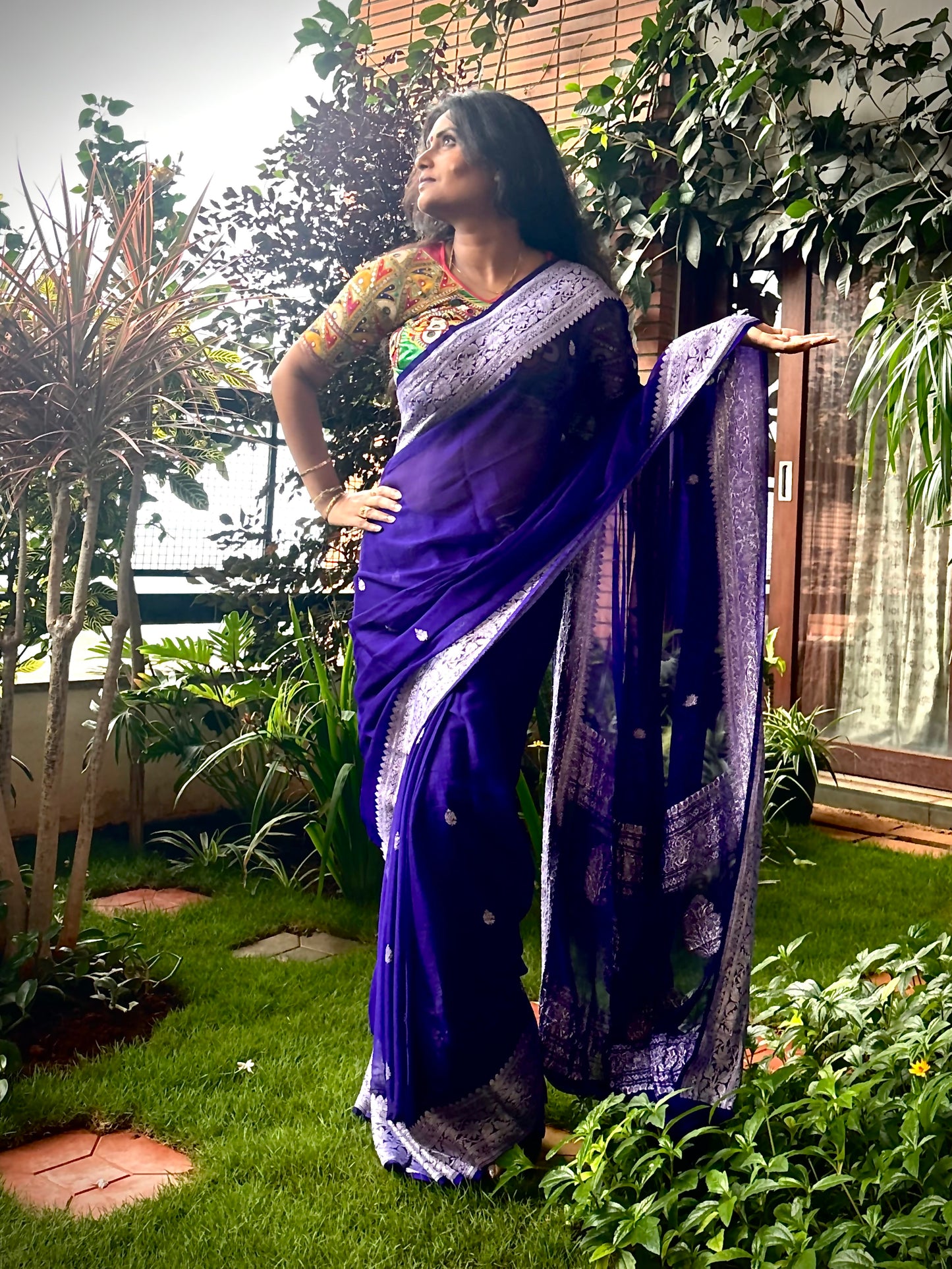 Midnight Blue Pure Chiffon Handloom Banarasi Saree