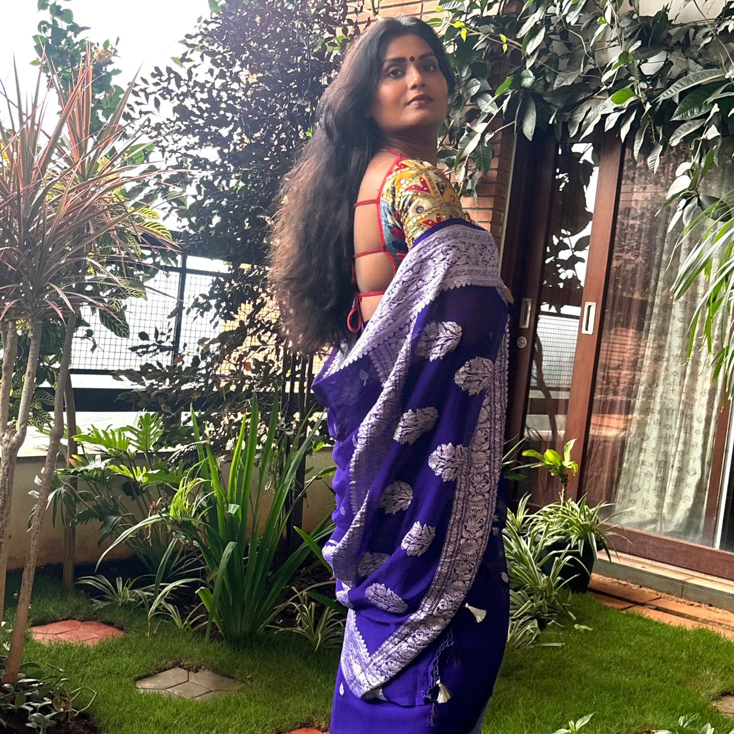 Midnight Blue Pure Chiffon Handloom Banarasi Saree