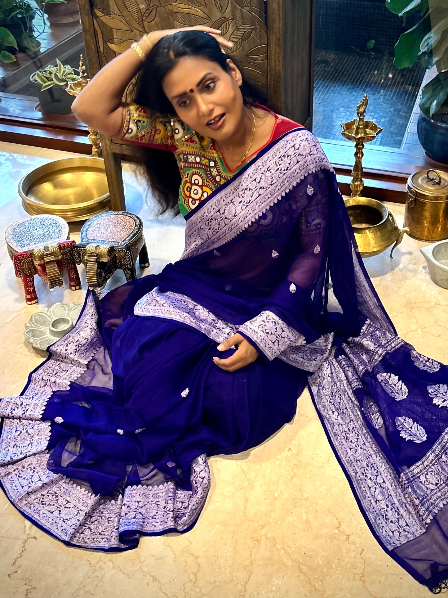 Midnight Blue Pure Chiffon Handloom Banarasi Saree
