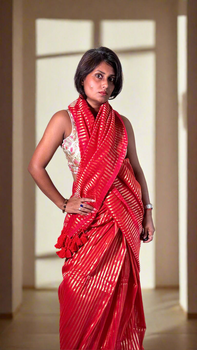 Mulmul Handwoven zari Saree with Vertical gold Stripes and Tassles - Rupacj Designs - Luxury Sustainable Indian womenswear | Artisan made | Slow Fashion- Occasion wear| Handcrafted In India