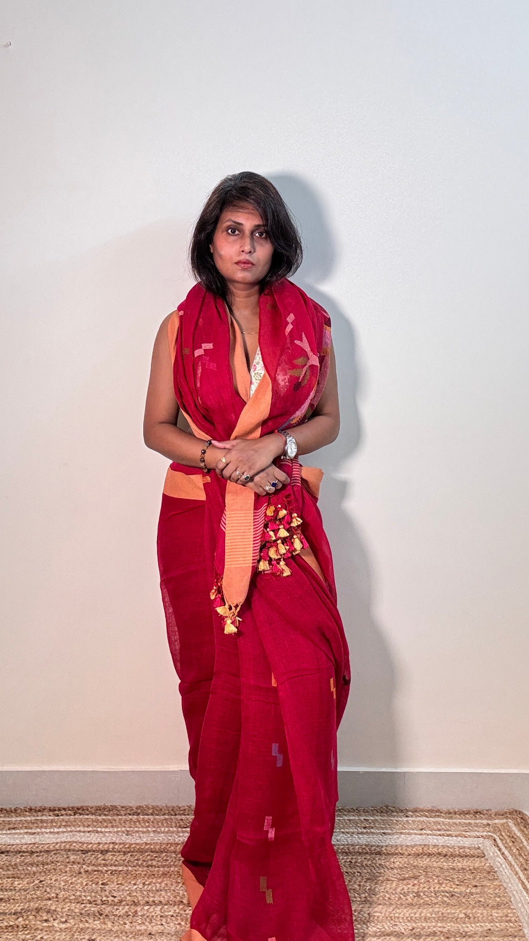 Crimson Handwoven Pure linen Jamdani Saree