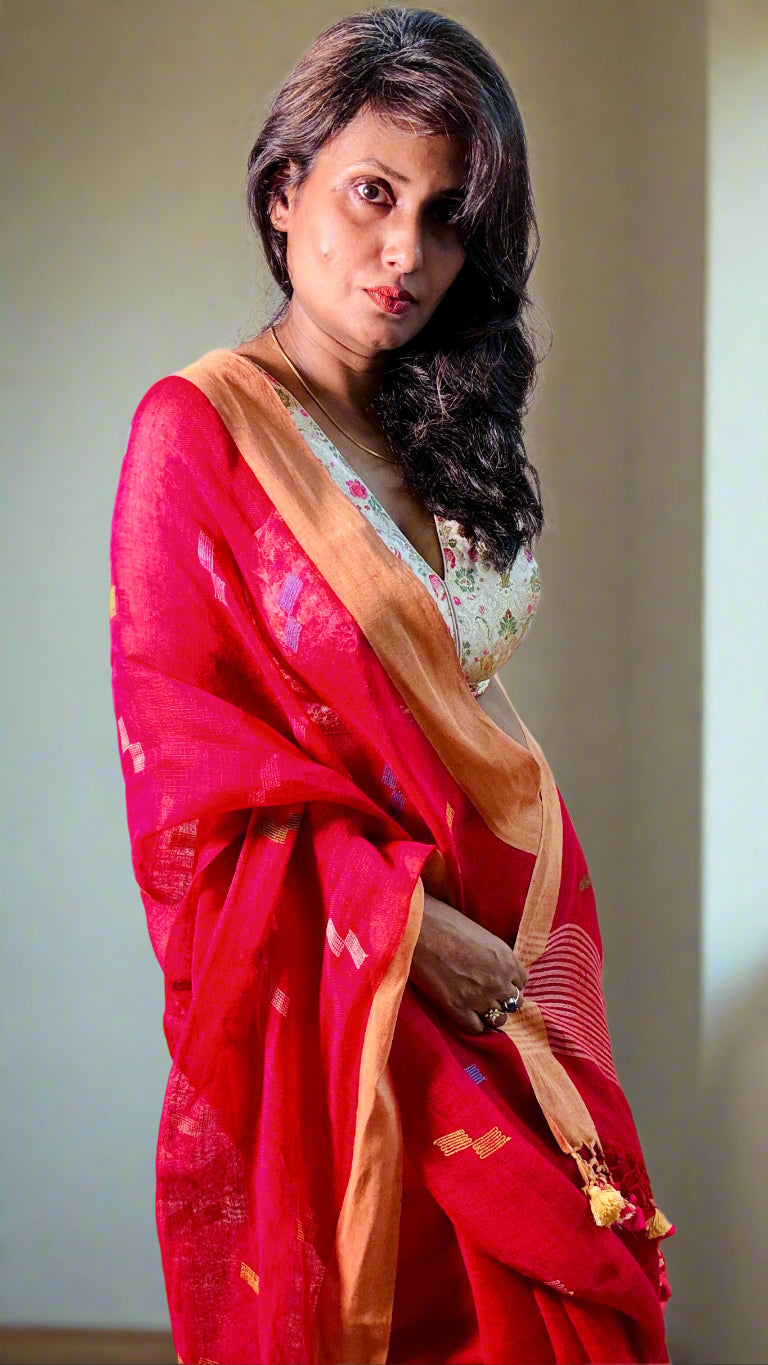Crimson Handwoven Pure linen Jamdani Saree