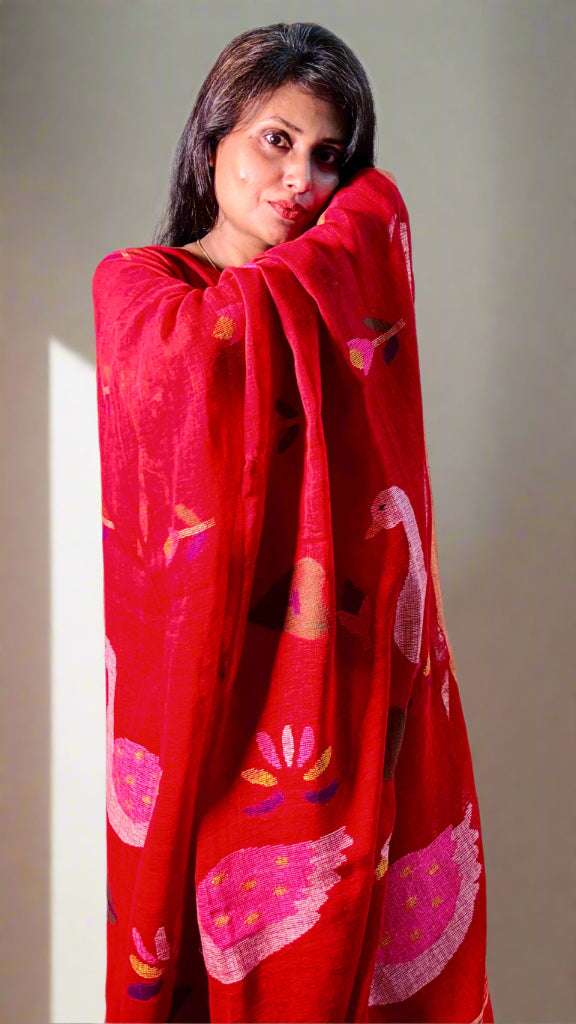 Vermilion Handwoven Pure linen Jamdani saree