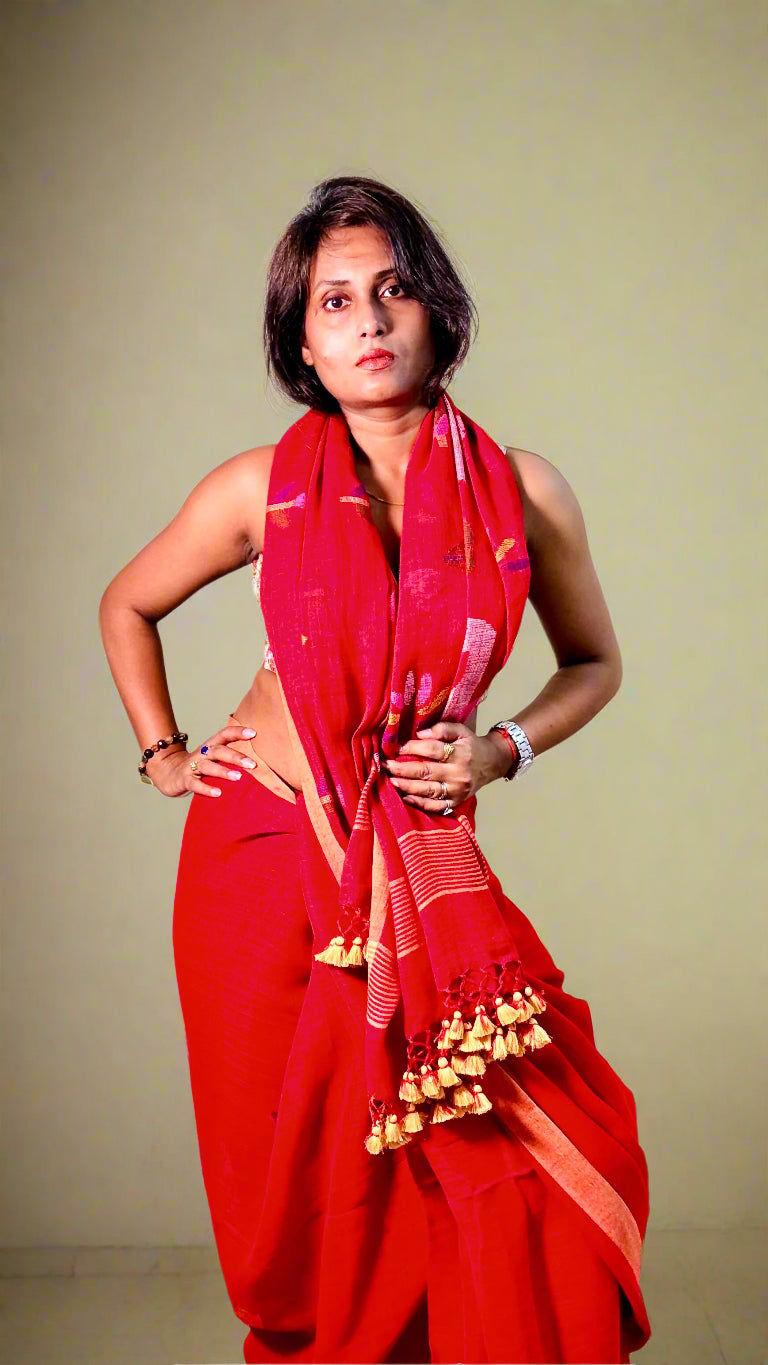Vermilion Handwoven Pure linen Jamdani saree