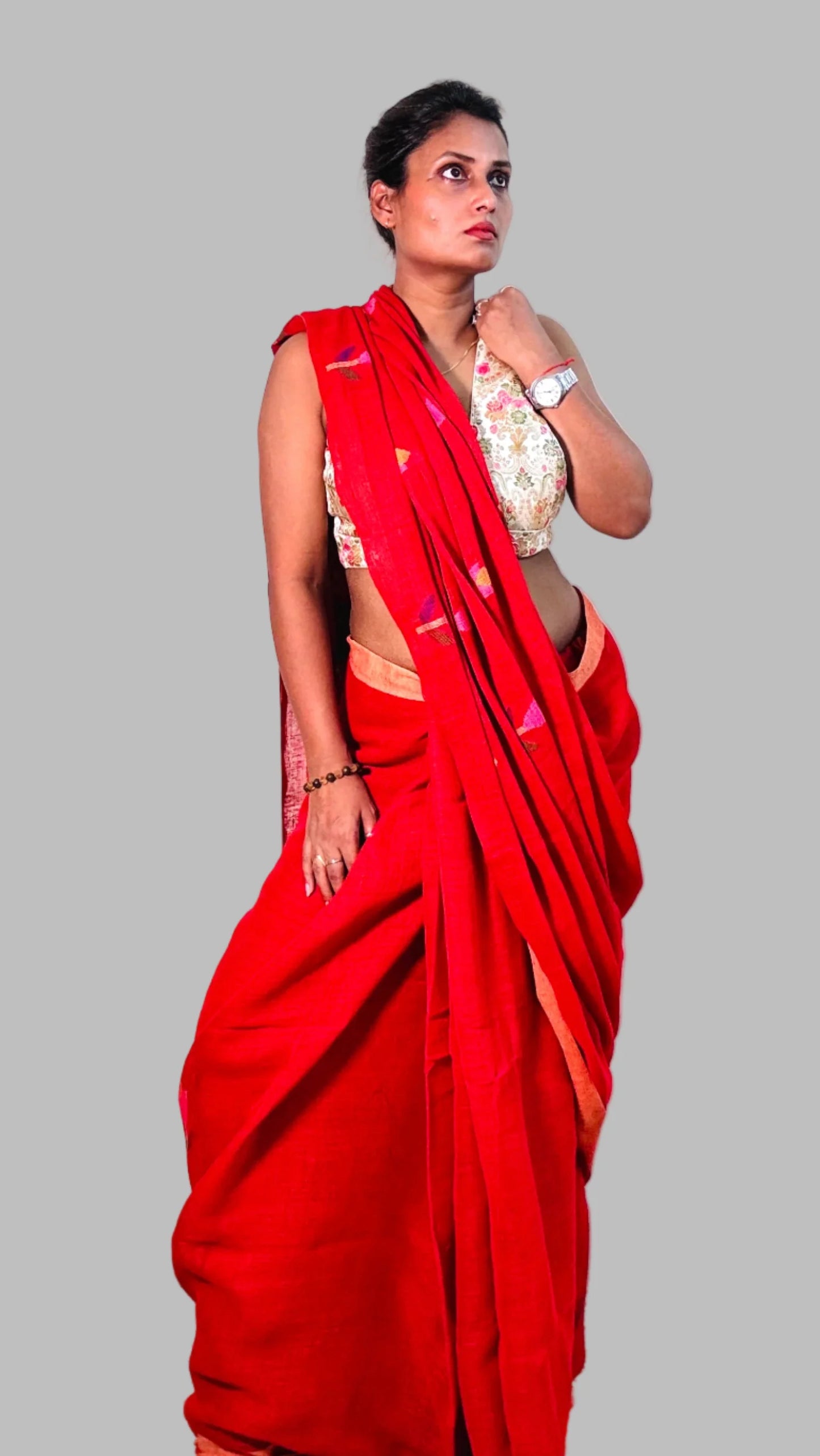 Vermilion Handwoven Pure linen Jamdani saree
