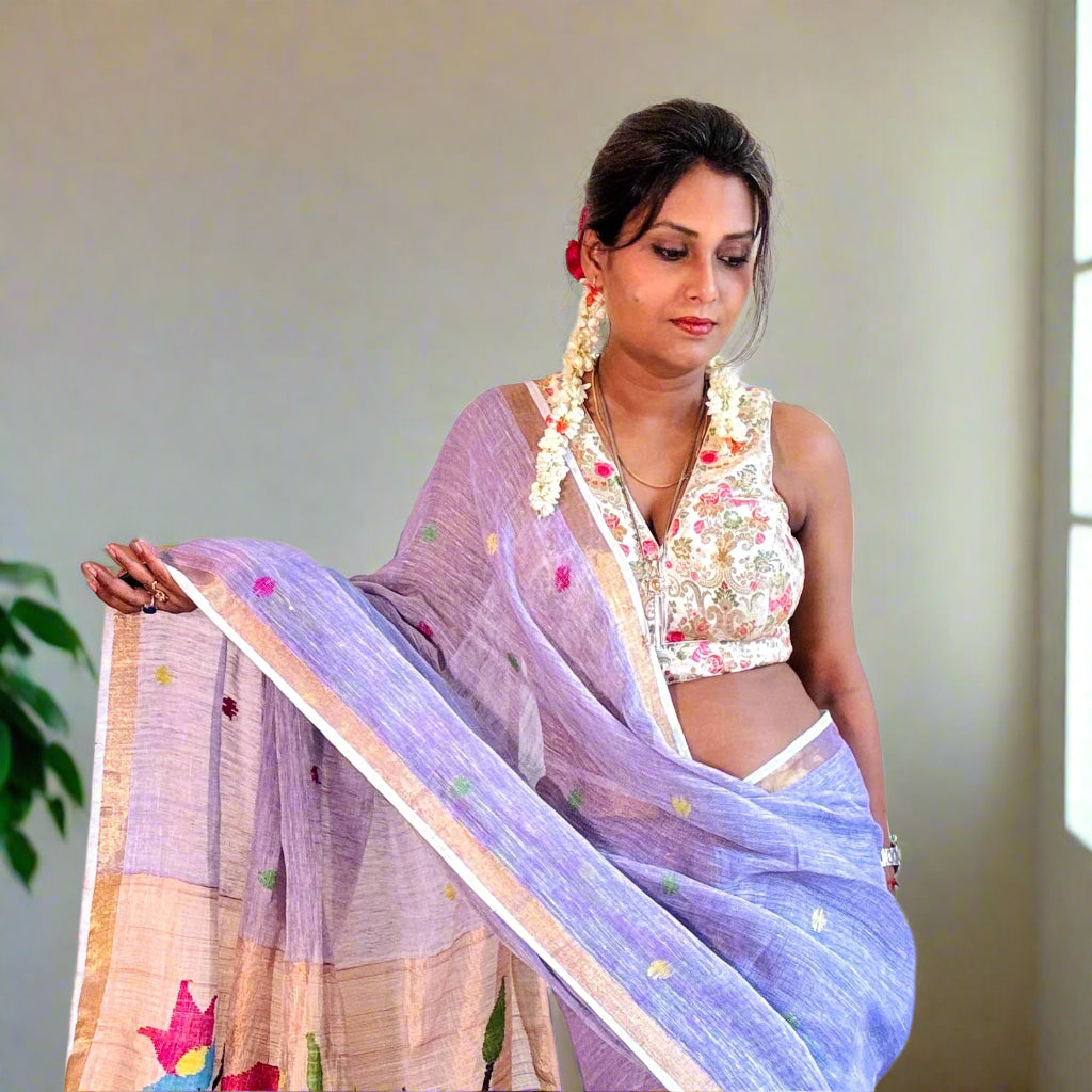 Handwoven Pure linen saree with Paithni Pallu
