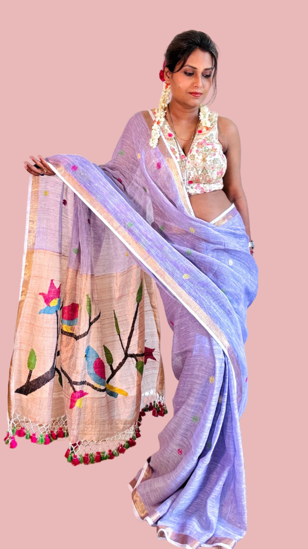 Handwoven Pure linen saree with Paithni Pallu