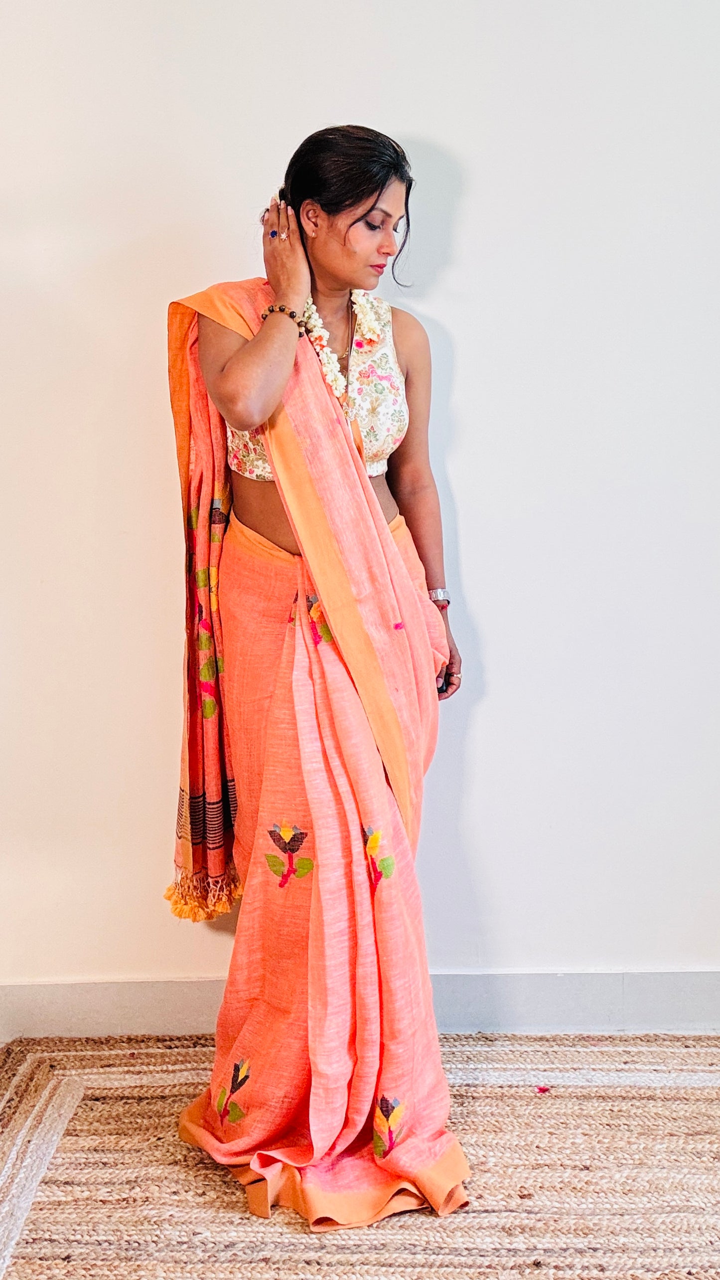 Salmon Handwoven Pure linen Jamdani saree