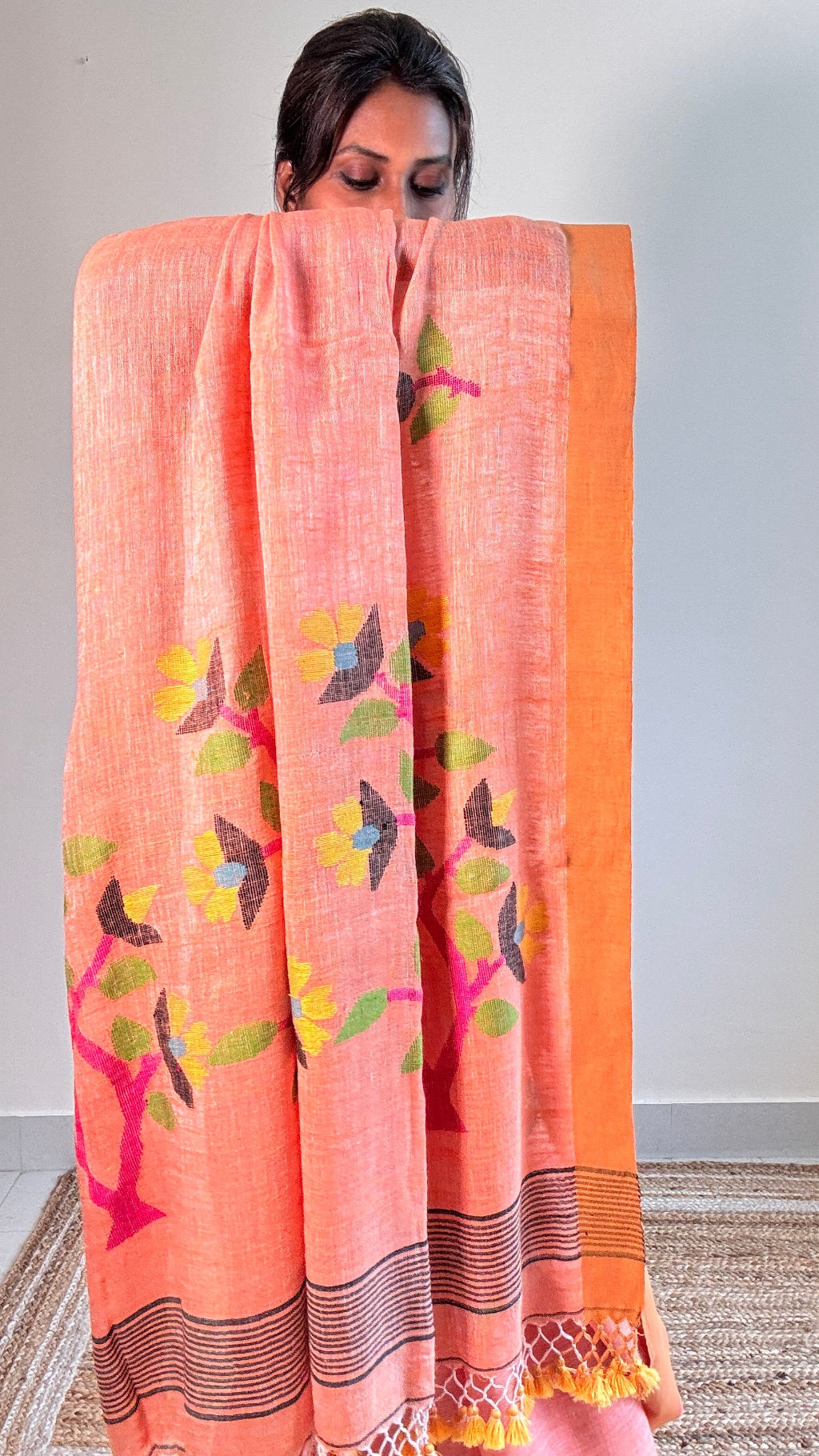 Salmon Handwoven Pure linen Jamdani saree