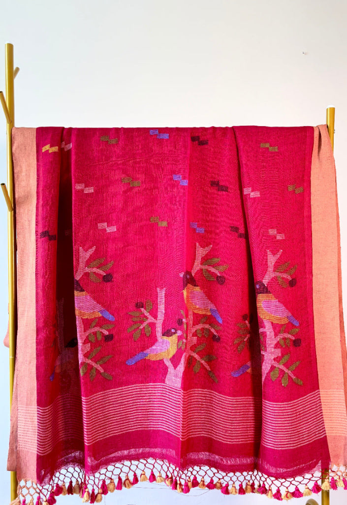 Crimson Handwoven Pure linen Jamdani Saree