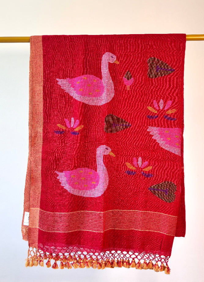 Vermilion Handwoven Pure linen Jamdani saree