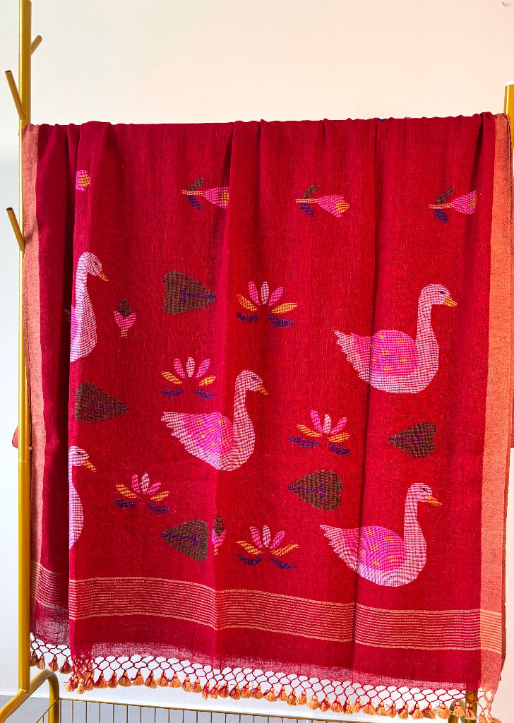 Vermilion Handwoven Pure linen Jamdani saree
