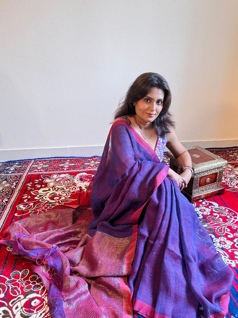 Handwoven pure linen dual tone purple saree