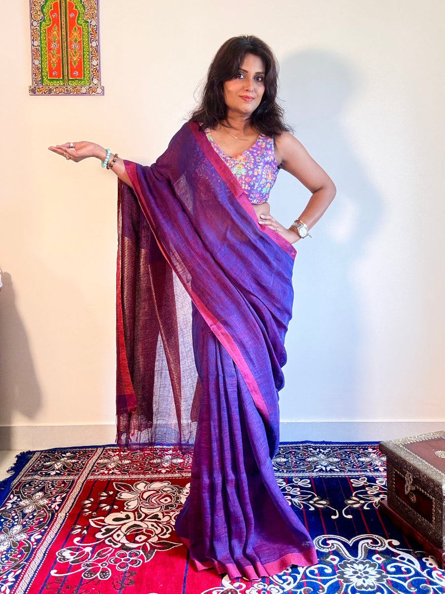 Handwoven pure linen dual tone purple saree