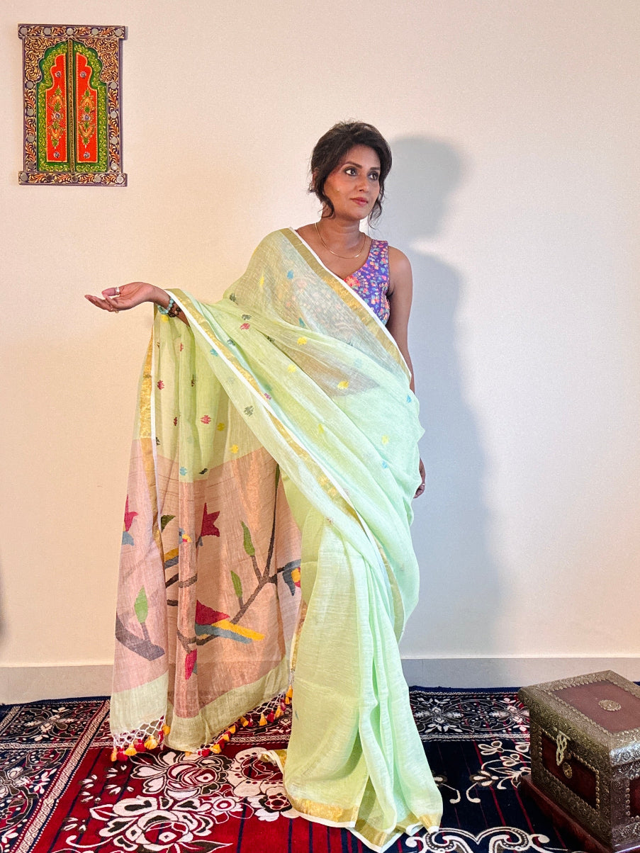 Handwoven Pure linen saree Paithni Pallu