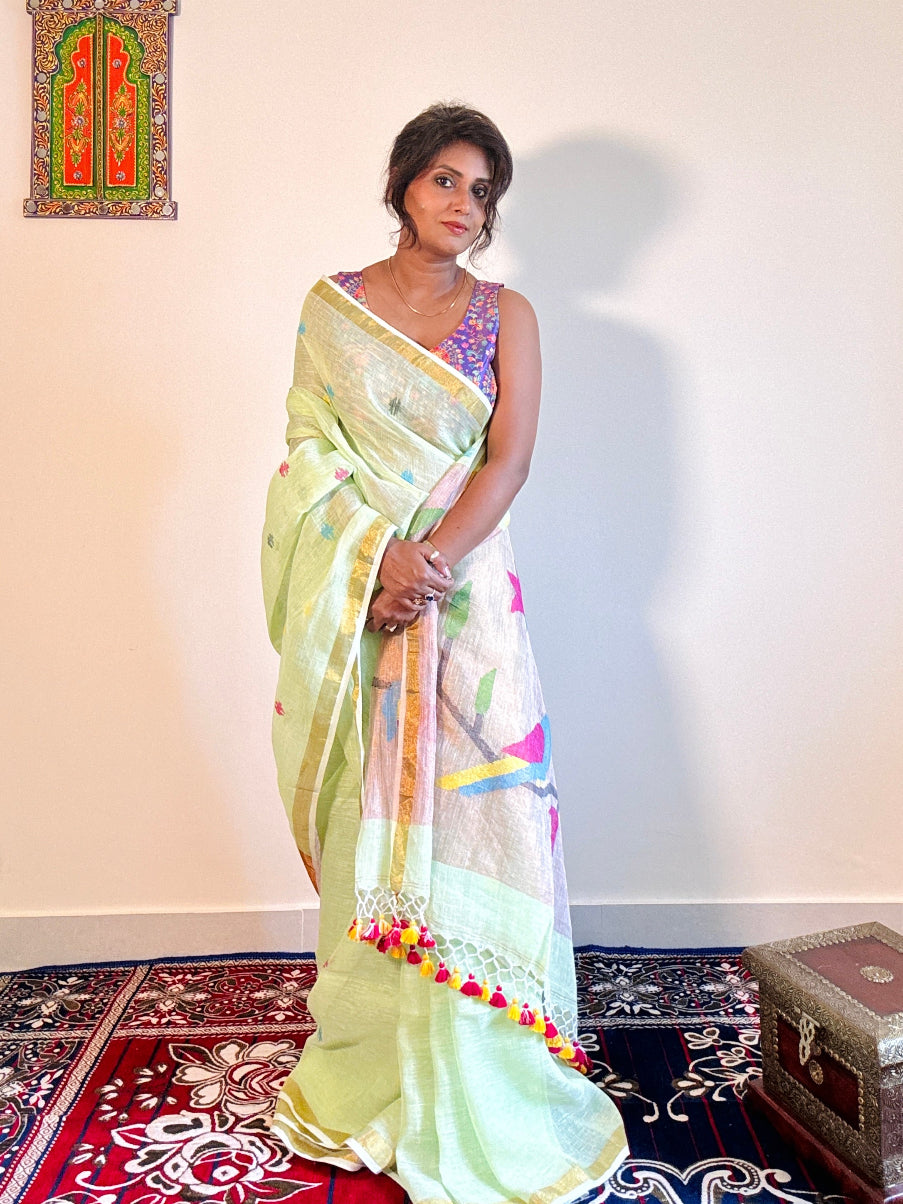 Handwoven Pure linen saree Paithni Pallu