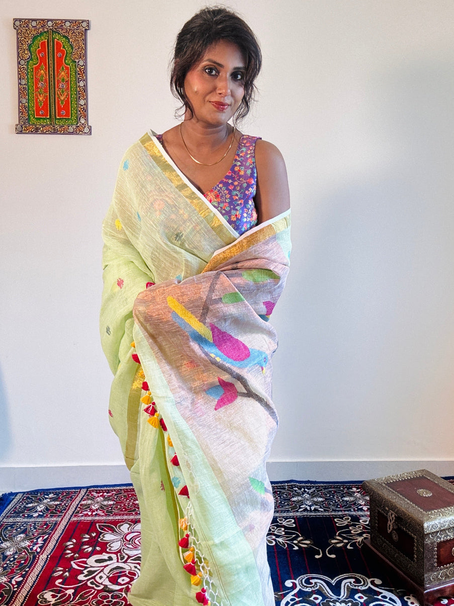 Handwoven Pure linen saree Paithni Pallu