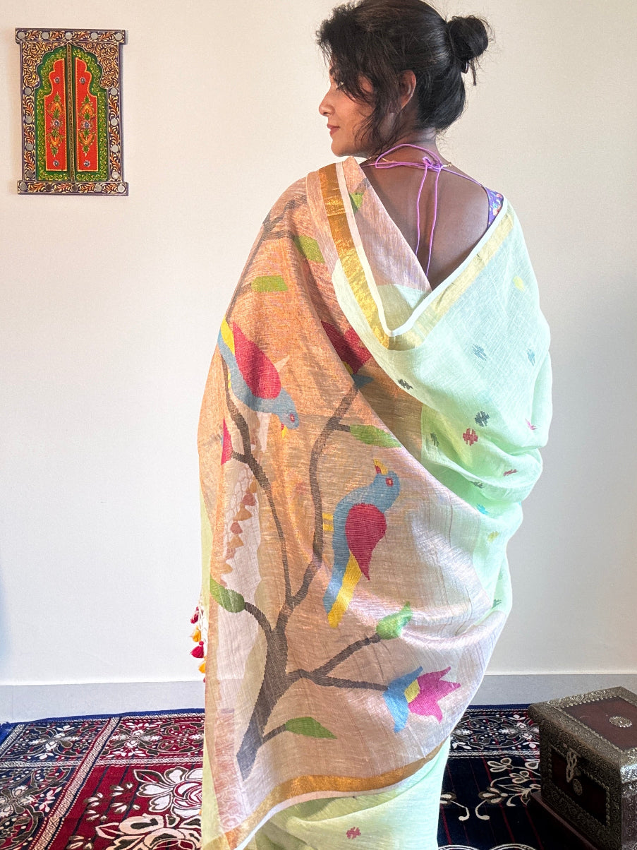 Handwoven Pure linen saree Paithni Pallu