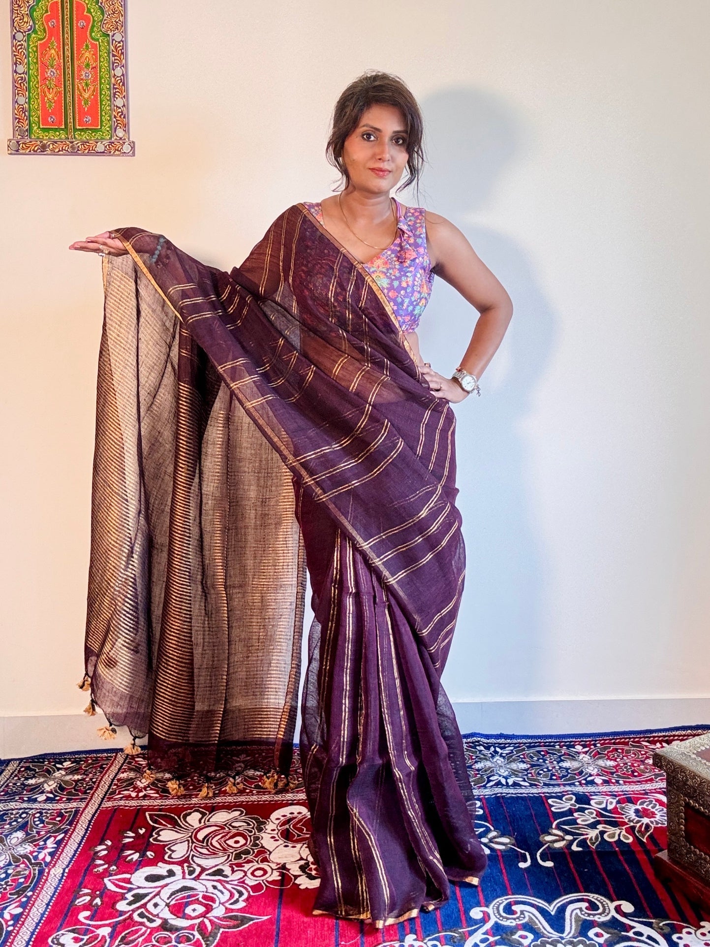 Wine & gold pure Linen Handloom soft zari saree - Rupacj Designs - Luxury Sustainable Indian womenswear | Artisan made | Slow Fashion- Occasion wear| Handcrafted In India