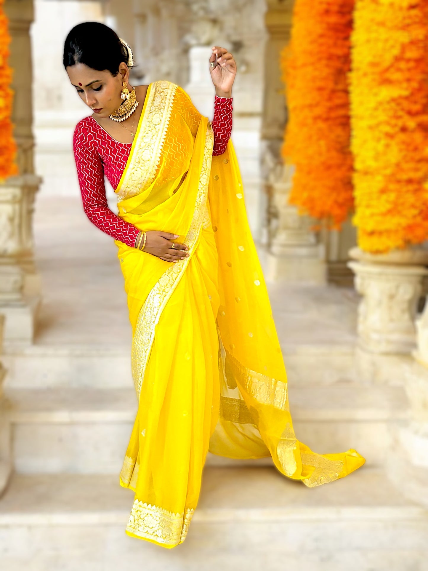 Mari-Gold Chiffon Banarasi Handloom Saree