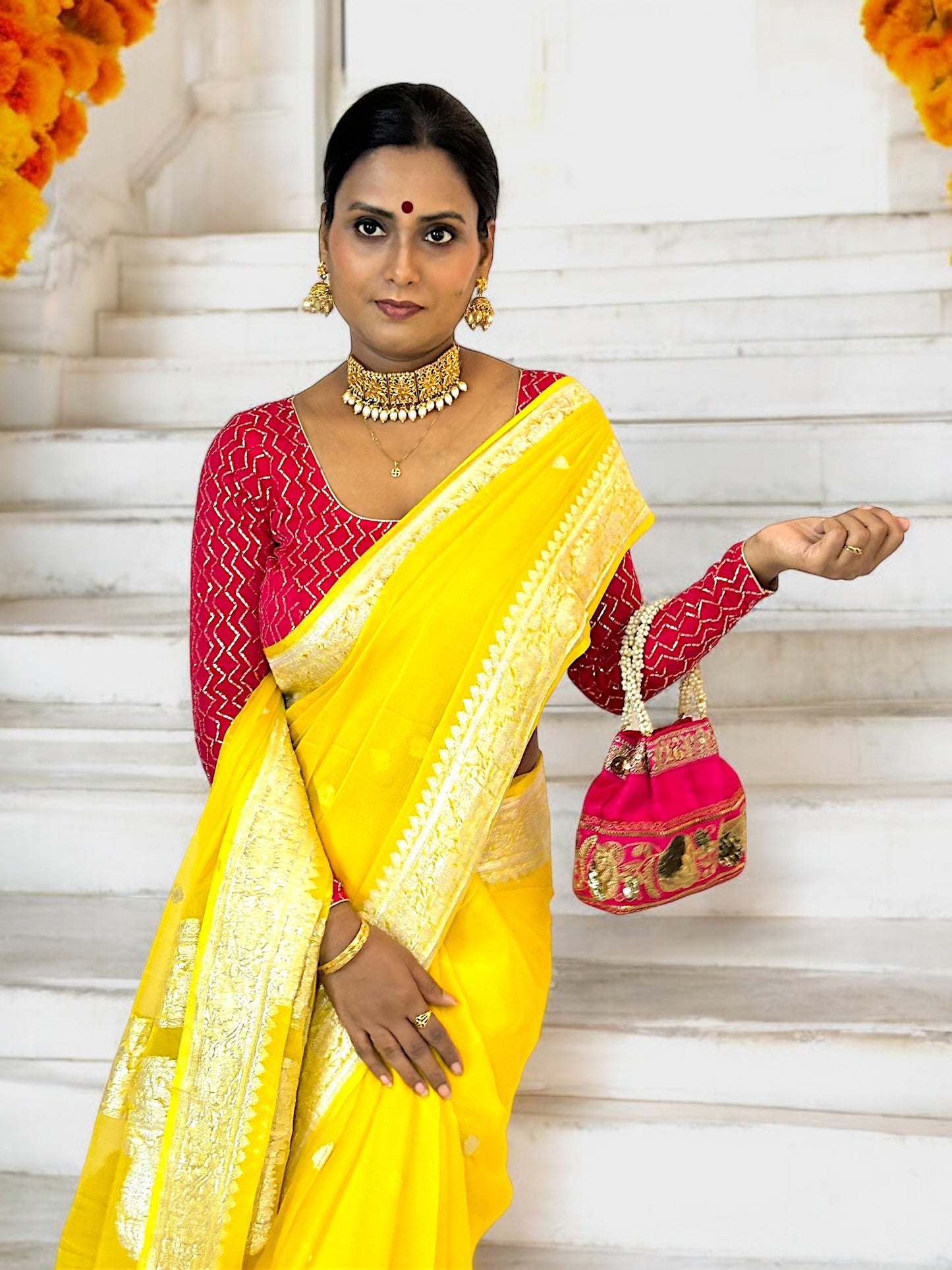 Mari-Gold Chiffon Banarasi Handloom Saree