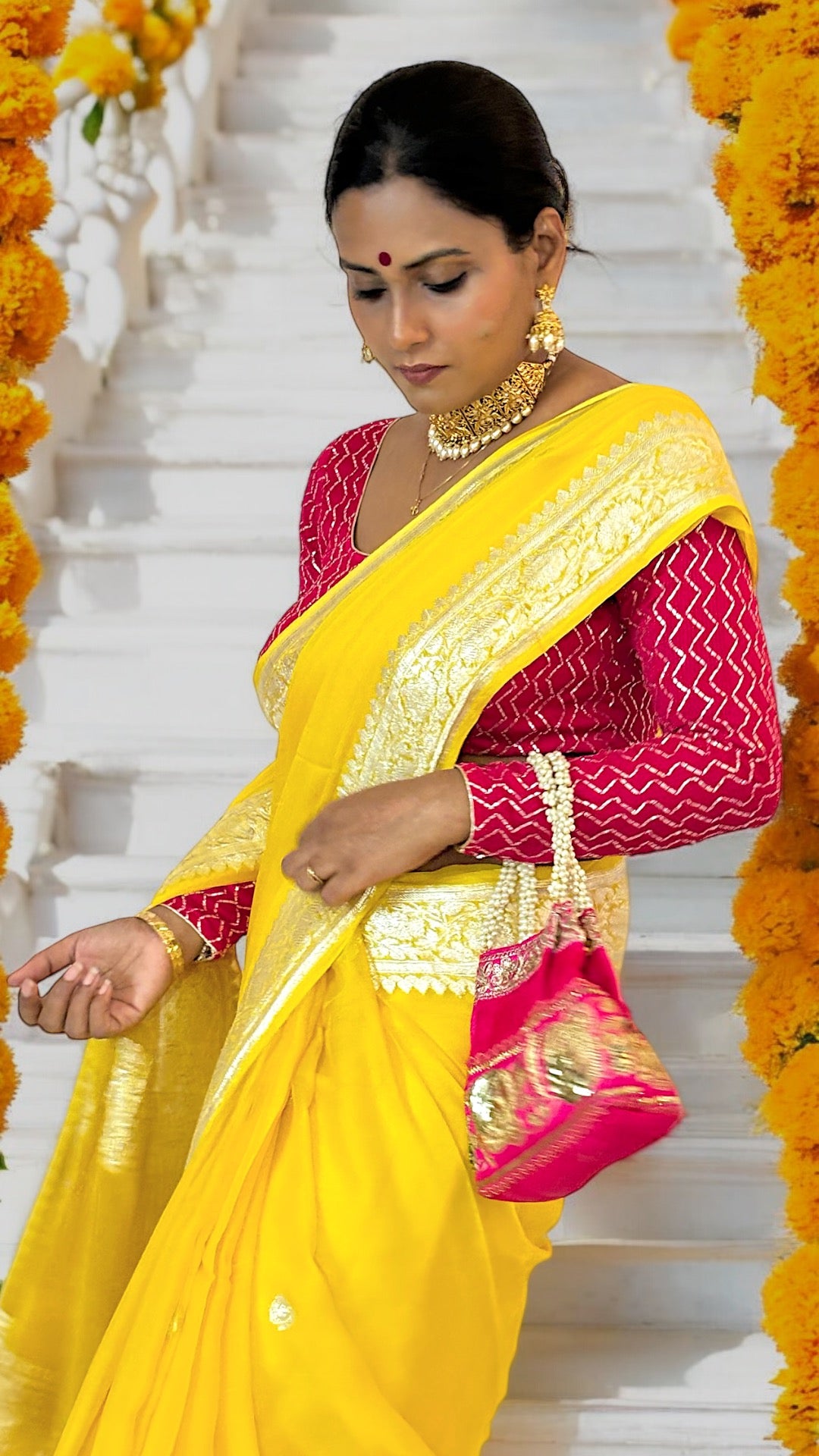 Mari-Gold Chiffon Banarasi Handloom Saree