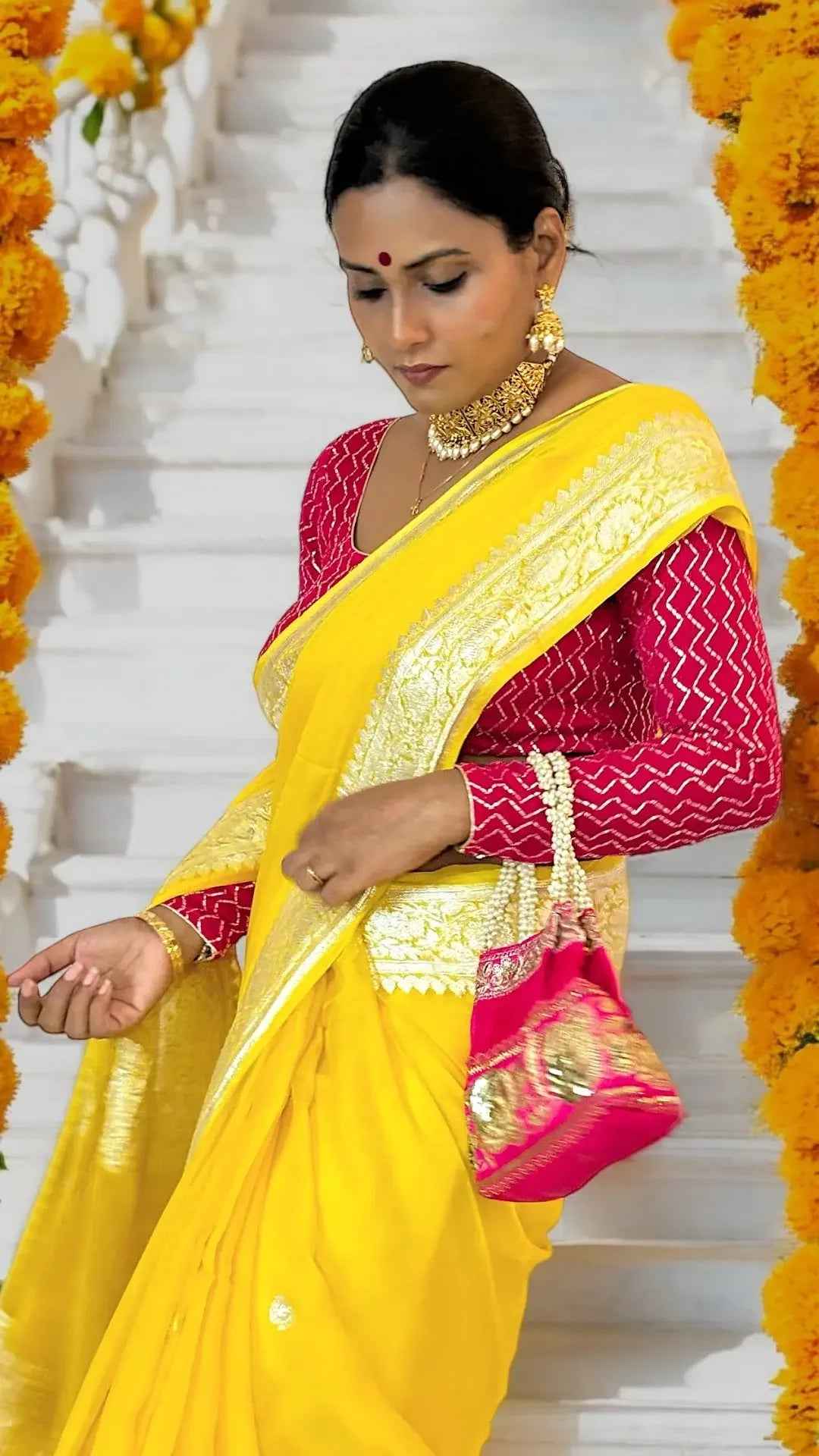 Mari-Gold Chiffon Banarasi Handloom Saree