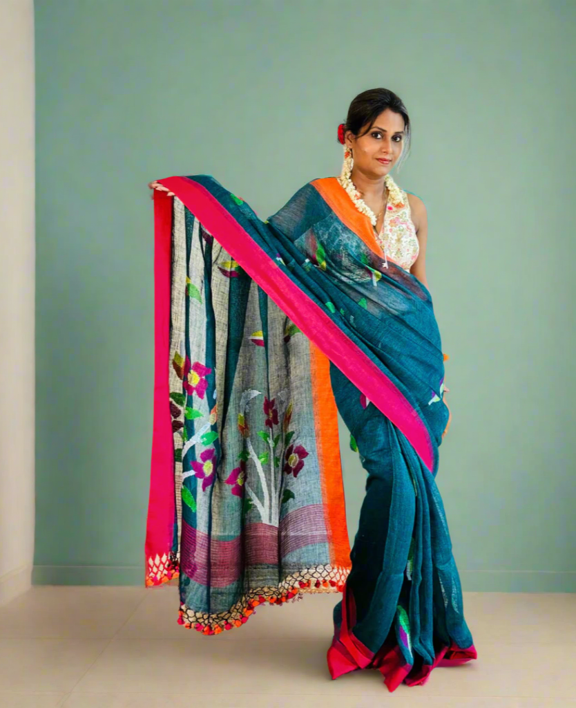 Handwoven Pure linen Jamdani saree