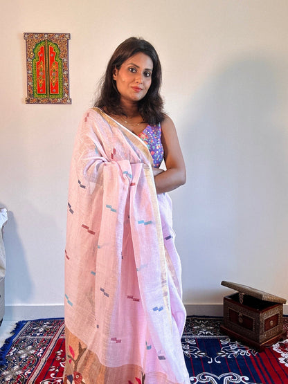 Handwoven Pure linen saree with paithni pallu - Rupacj Designs - Luxury Sustainable Indian womenswear | Artisan made | Slow Fashion- Occasion wear| Handcrafted In India