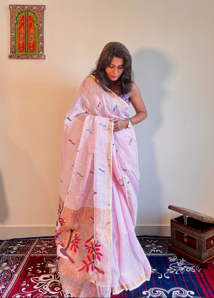 Handwoven Pure linen saree with paithni pallu