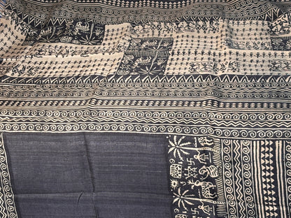 Black Beauty Pure Tussar silk Hand block printed