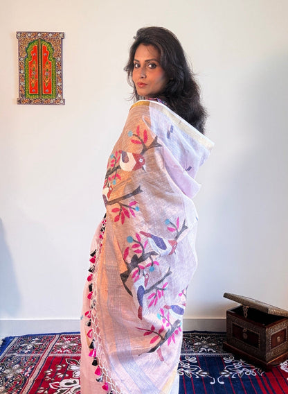 Handwoven Pure linen saree with paithni pallu - Rupacj Designs - Luxury Sustainable Indian womenswear | Artisan made | Slow Fashion- Occasion wear| Handcrafted In India