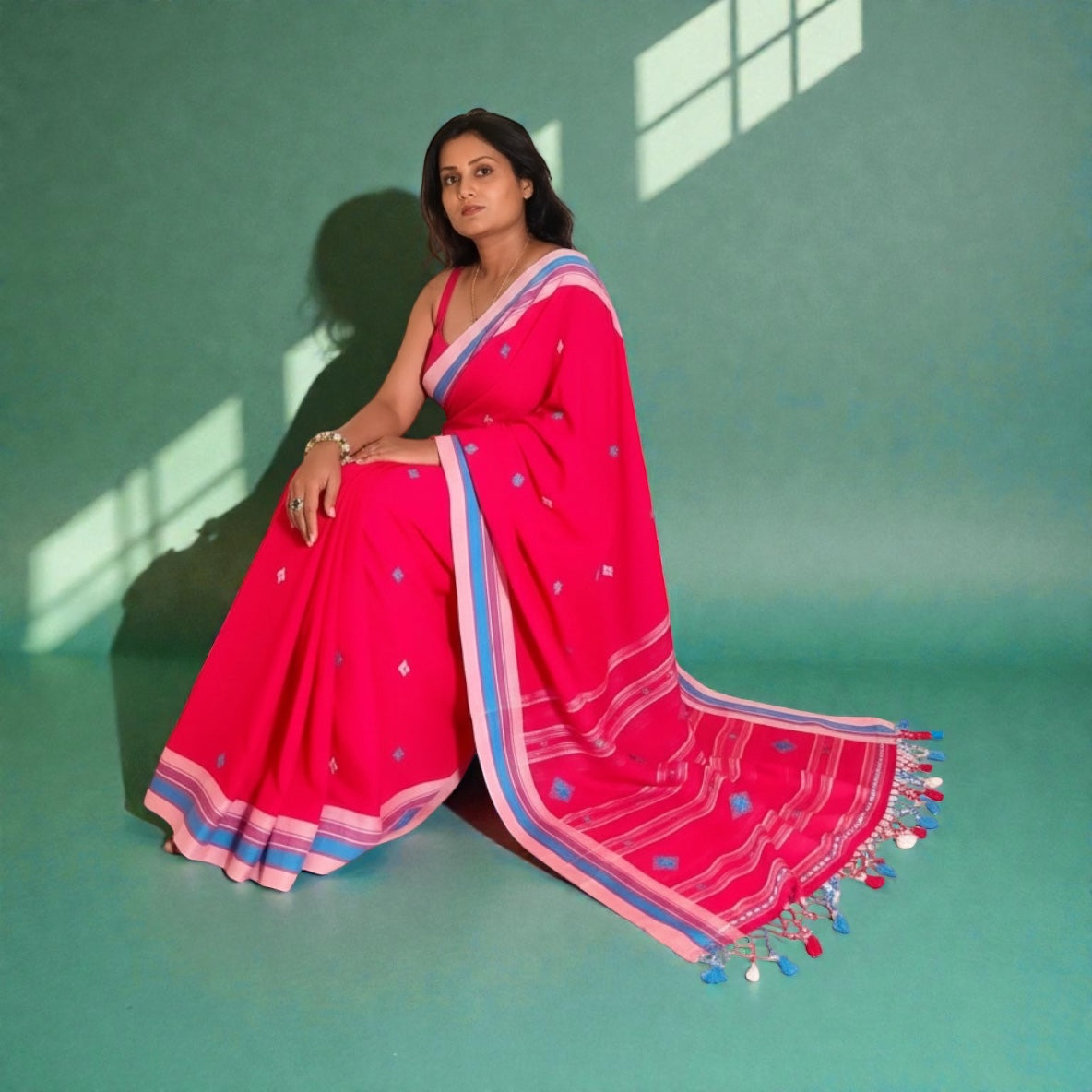 Rani pink Mercerised cotton Heavy Bhujodi Handloom saree - Rupacj Designs - Luxury Sustainable Indian womenswear | Artisan made | Slow Fashion- Occasion wear| Handcrafted In India