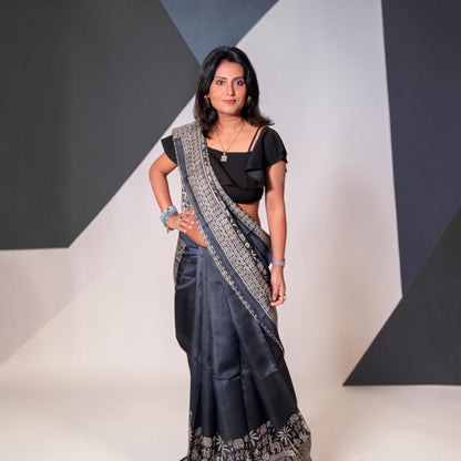 Black Beauty Pure Tussar silk Hand block printed