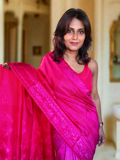 Luxuries Rani pink Pure Mulberry silk Nui Shibori Saree - Rupacj Designs - Luxury Sustainable Indian womenswear | Artisan made | Slow Fashion- Occasion wear| Handcrafted In India