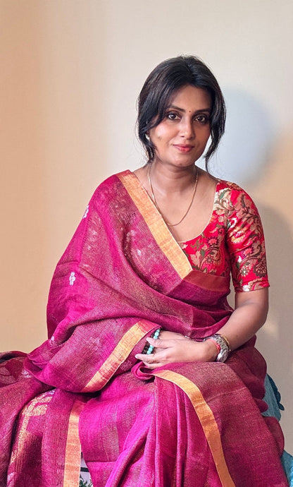 Magenta gold Tissue linen Handloom Jamdani saree - Rupacj Designs - Luxury Sustainable Indian womenswear | Artisan made | Slow Fashion- Occasion wear| Handcrafted In India