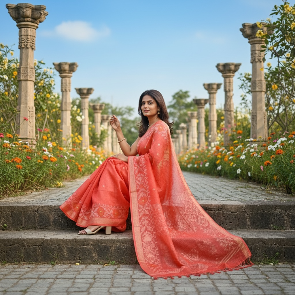 Handloom pure Tussar Silk Jamdani Saree