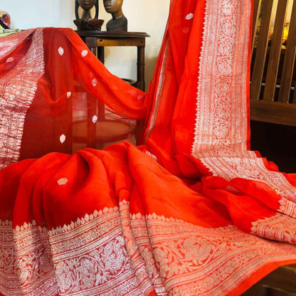Gerua Pure Chiffon Handloom Banarasi Saree