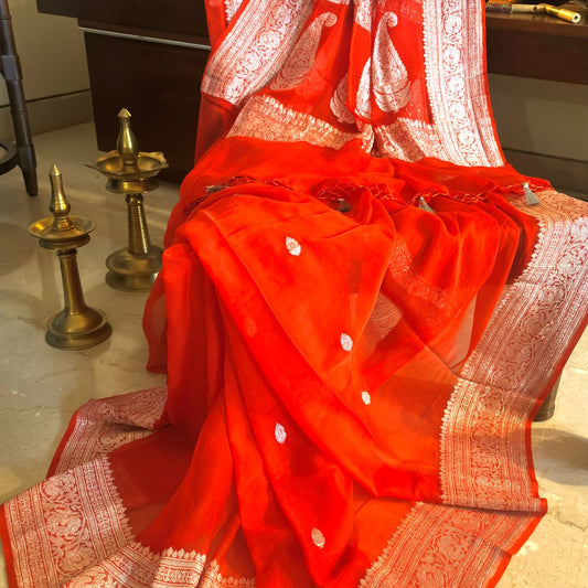 Gerua Pure Chiffon Handloom Banarasi Saree
