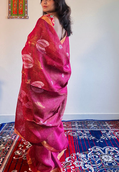 Magenta gold Tissue linen Handloom Jamdani saree - Rupacj Designs - Luxury Sustainable Indian womenswear | Artisan made | Slow Fashion- Occasion wear| Handcrafted In India