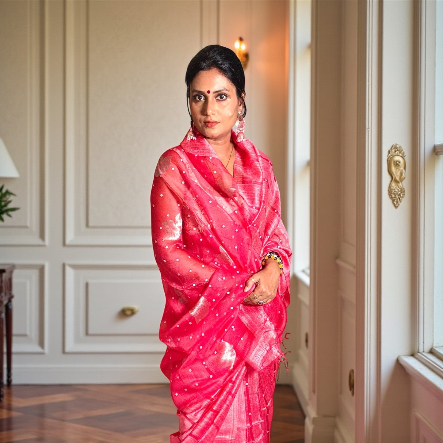 Vermillion Red Matka Muslin silk Handloom Saree woven with sea shell - Rupacj Designs - Luxury Sustainable Indian womenswear | Artisan made | Slow Fashion- Occasion wear| Handcrafted In India