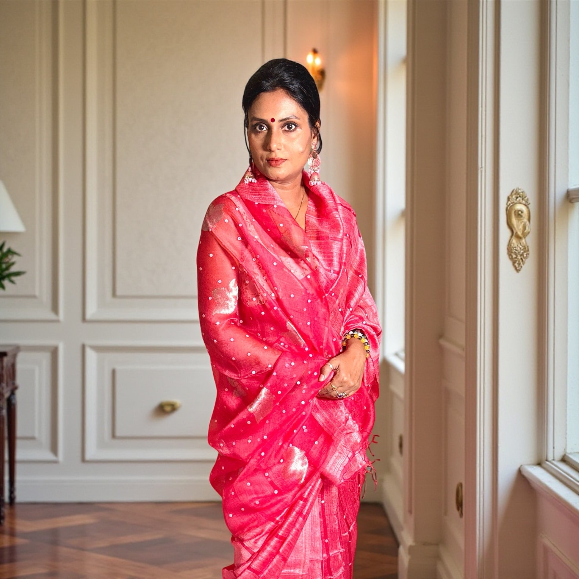 Vermillion Red Matka Muslin silk Handloom Saree woven with sea shell - Rupacj Designs - Luxury Sustainable Indian womenswear | Artisan made | Slow Fashion- Occasion wear| Handcrafted In India