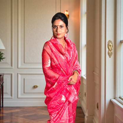 Vermillion Red Matka Muslin silk Handloom Saree woven with sea shell - Rupacj Designs - Luxury Sustainable Indian womenswear | Artisan made | Slow Fashion- Occasion wear| Handcrafted In India