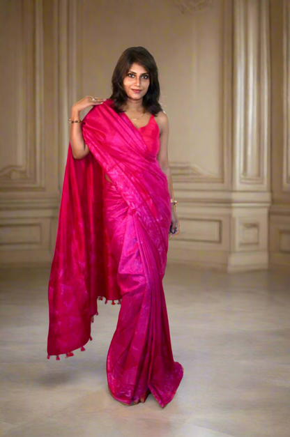 Luxuries Rani pink Pure Mulberry silk Nui Shibori Saree - Rupacj Designs - Luxury Sustainable Indian womenswear | Artisan made | Slow Fashion- Occasion wear| Handcrafted In India