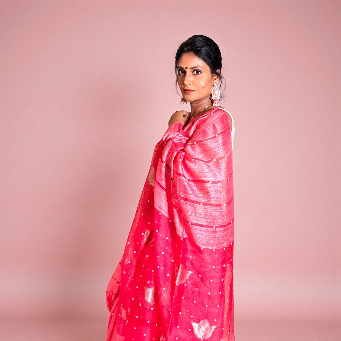 Vermillion Red Matka Muslin silk Handloom Saree woven with sea shell - Rupacj Designs - Luxury Sustainable Indian womenswear | Artisan made | Slow Fashion- Occasion wear| Handcrafted In India